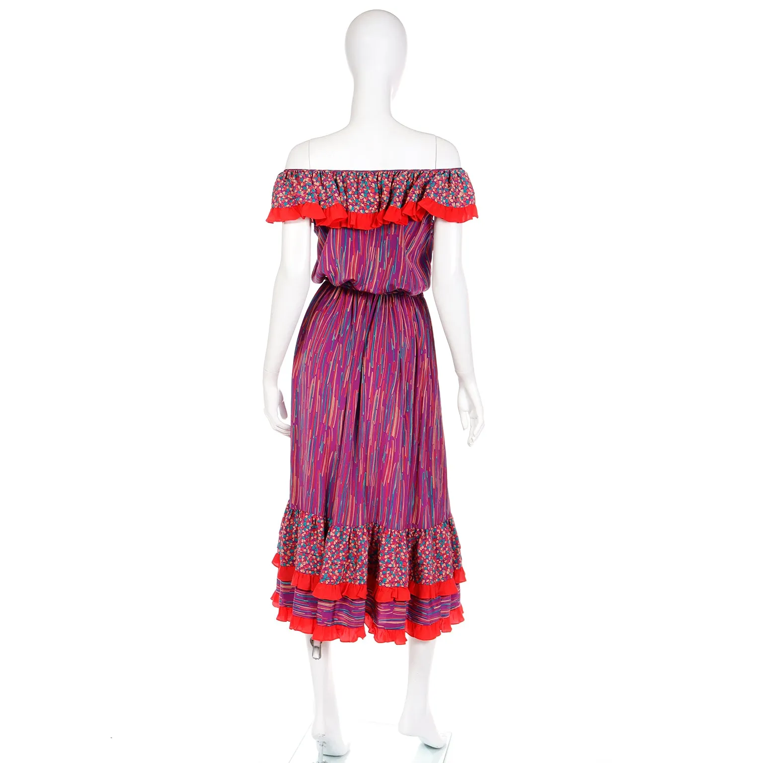 1980s Mary McFadden Colorful Mixed Pattern Silk Ruffle Dress