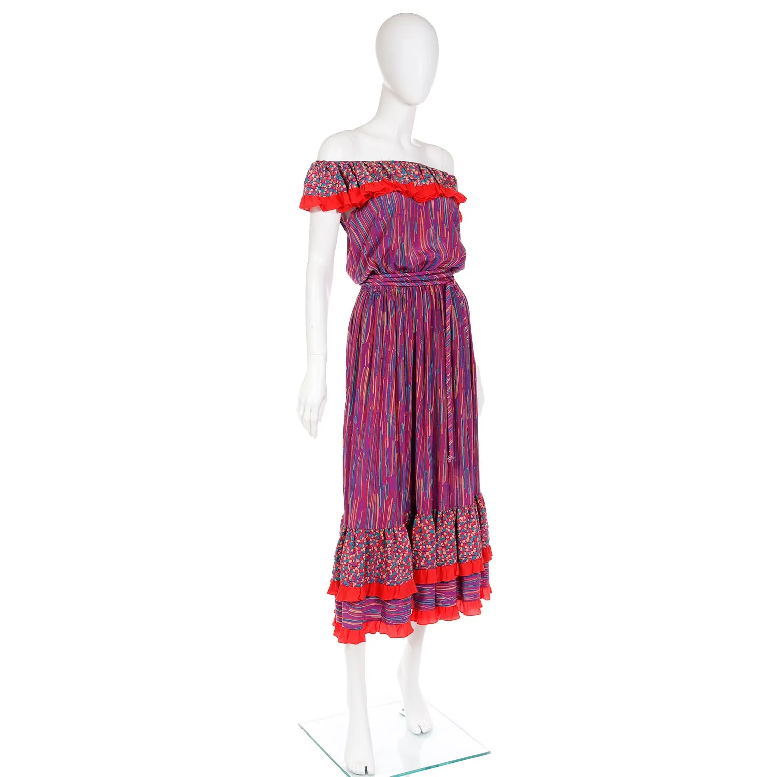 1980s Mary McFadden Colorful Mixed Pattern Silk Ruffle Dress