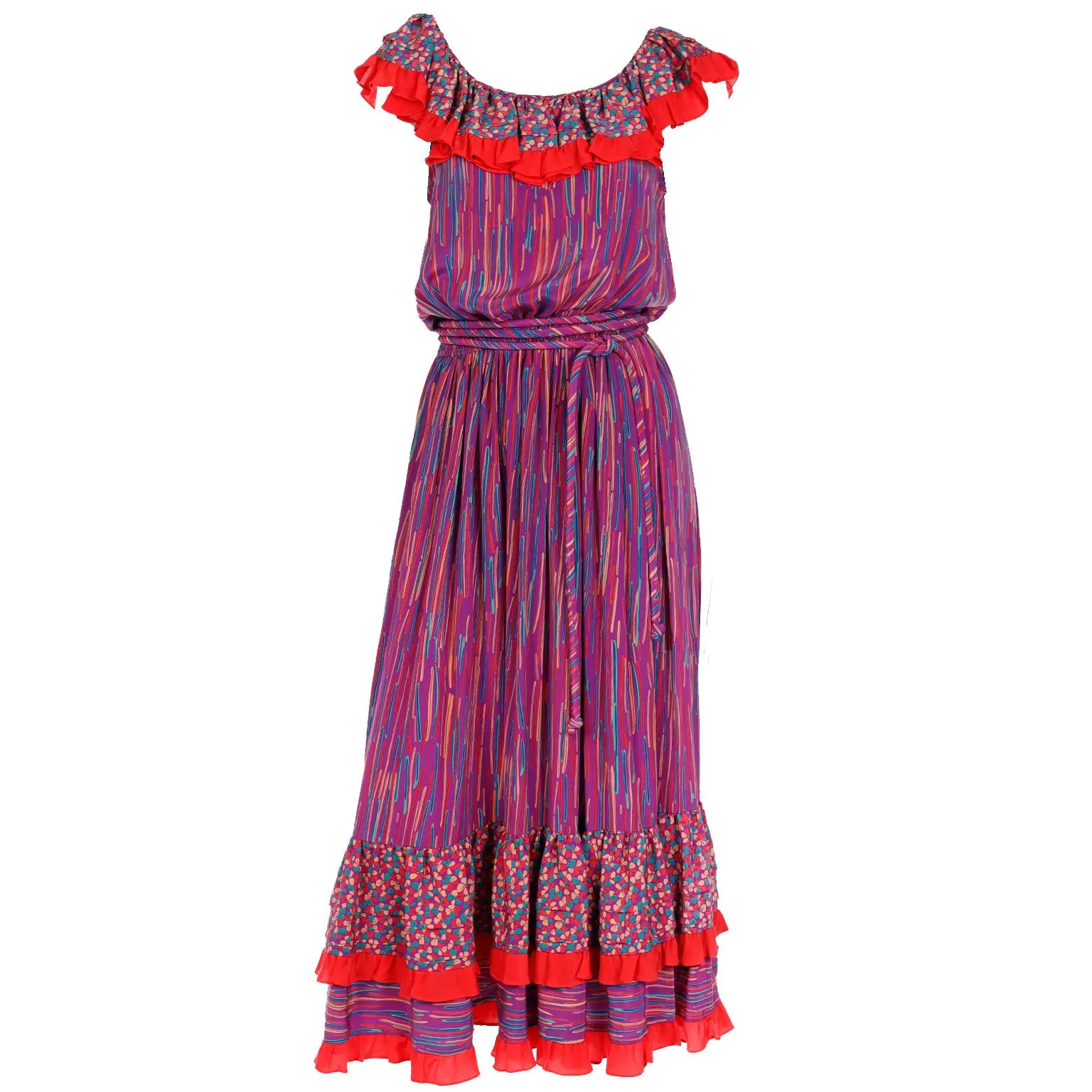 1980s Mary McFadden Colorful Mixed Pattern Silk Ruffle Dress