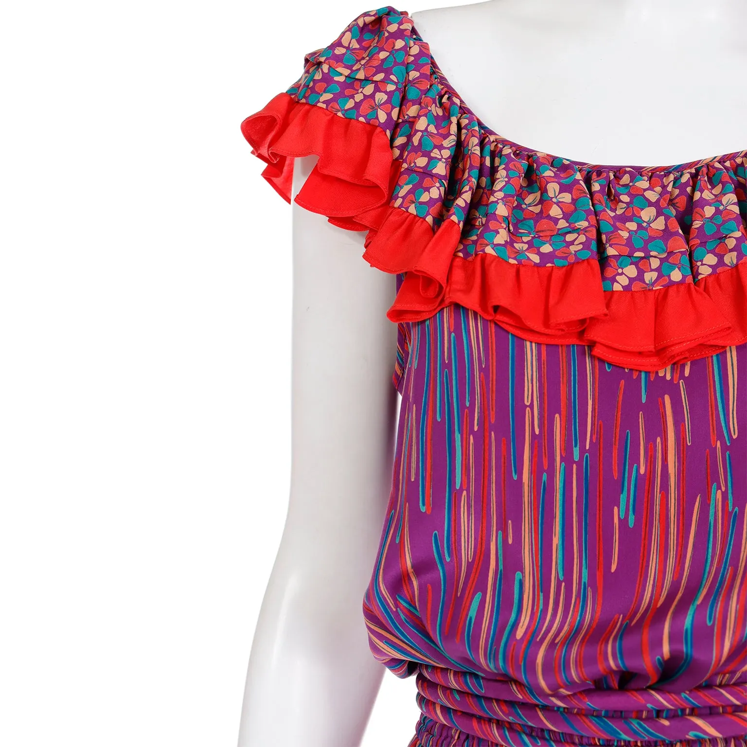 1980s Mary McFadden Colorful Mixed Pattern Silk Ruffle Dress