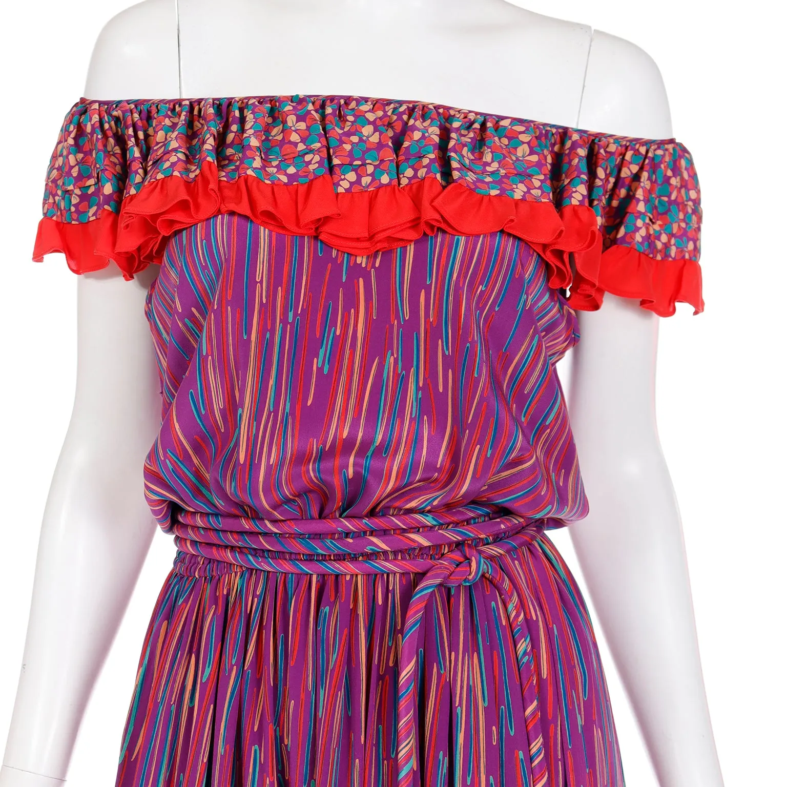 1980s Mary McFadden Colorful Mixed Pattern Silk Ruffle Dress