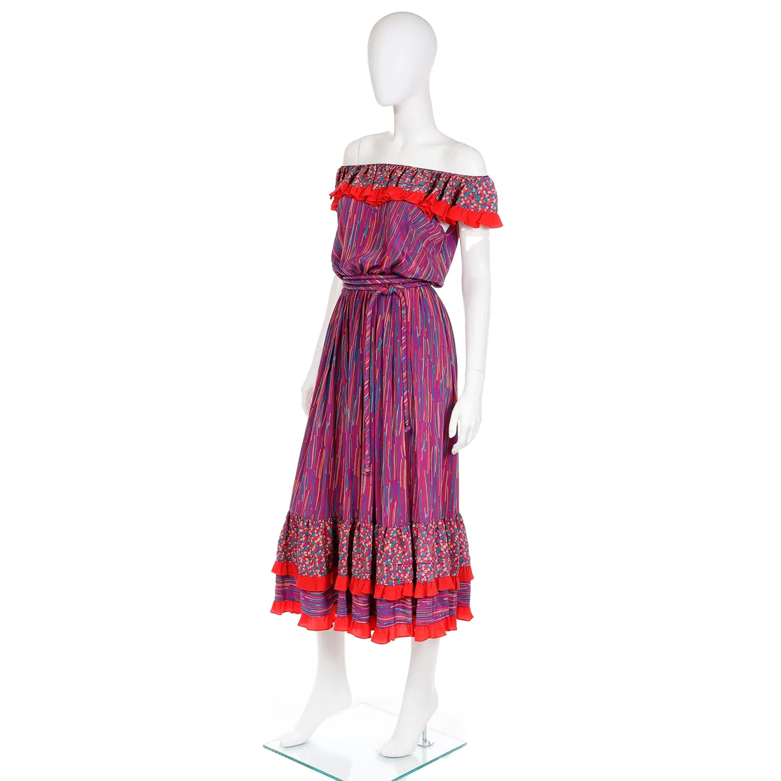 1980s Mary McFadden Colorful Mixed Pattern Silk Ruffle Dress