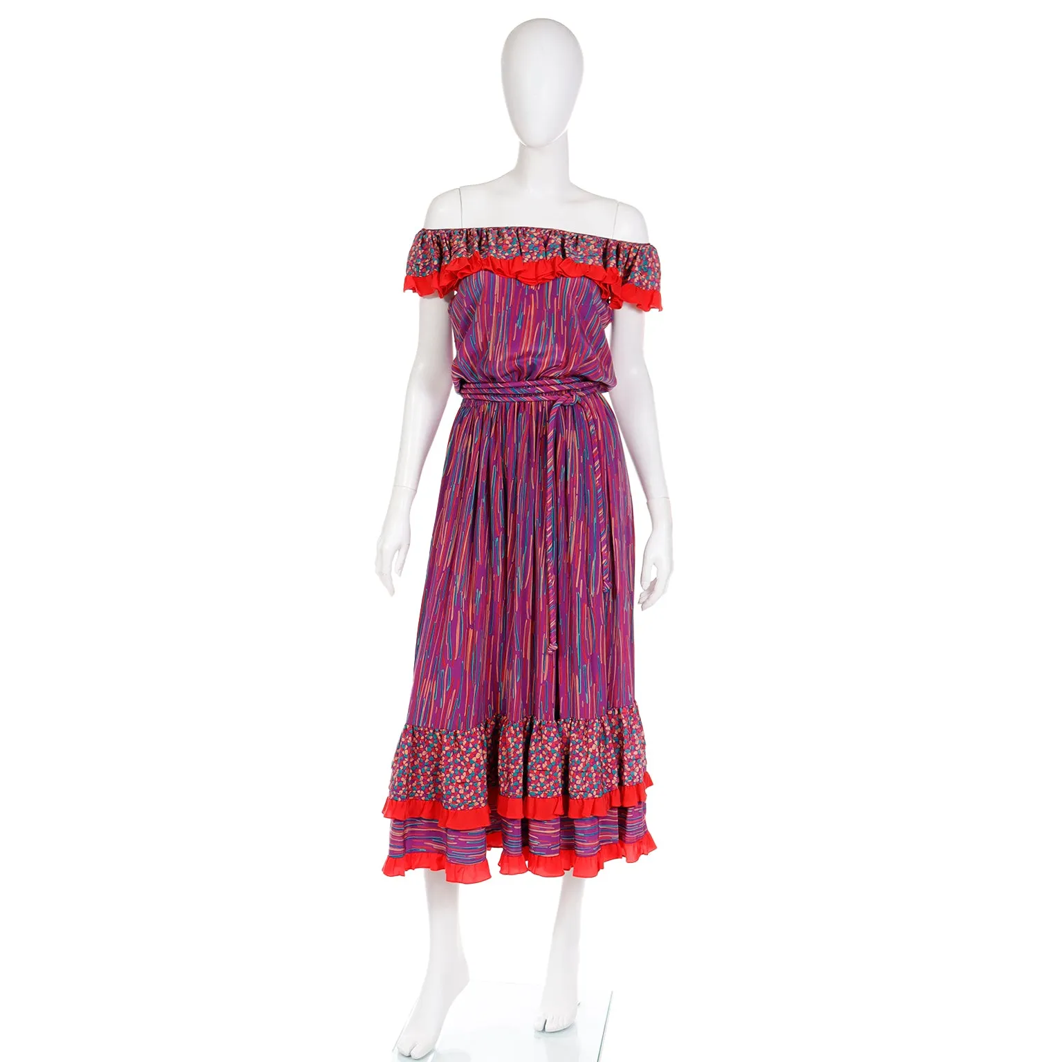 1980s Mary McFadden Colorful Mixed Pattern Silk Ruffle Dress