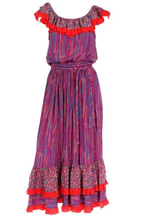 1980s Mary McFadden Colorful Mixed Pattern Silk Ruffle Dress