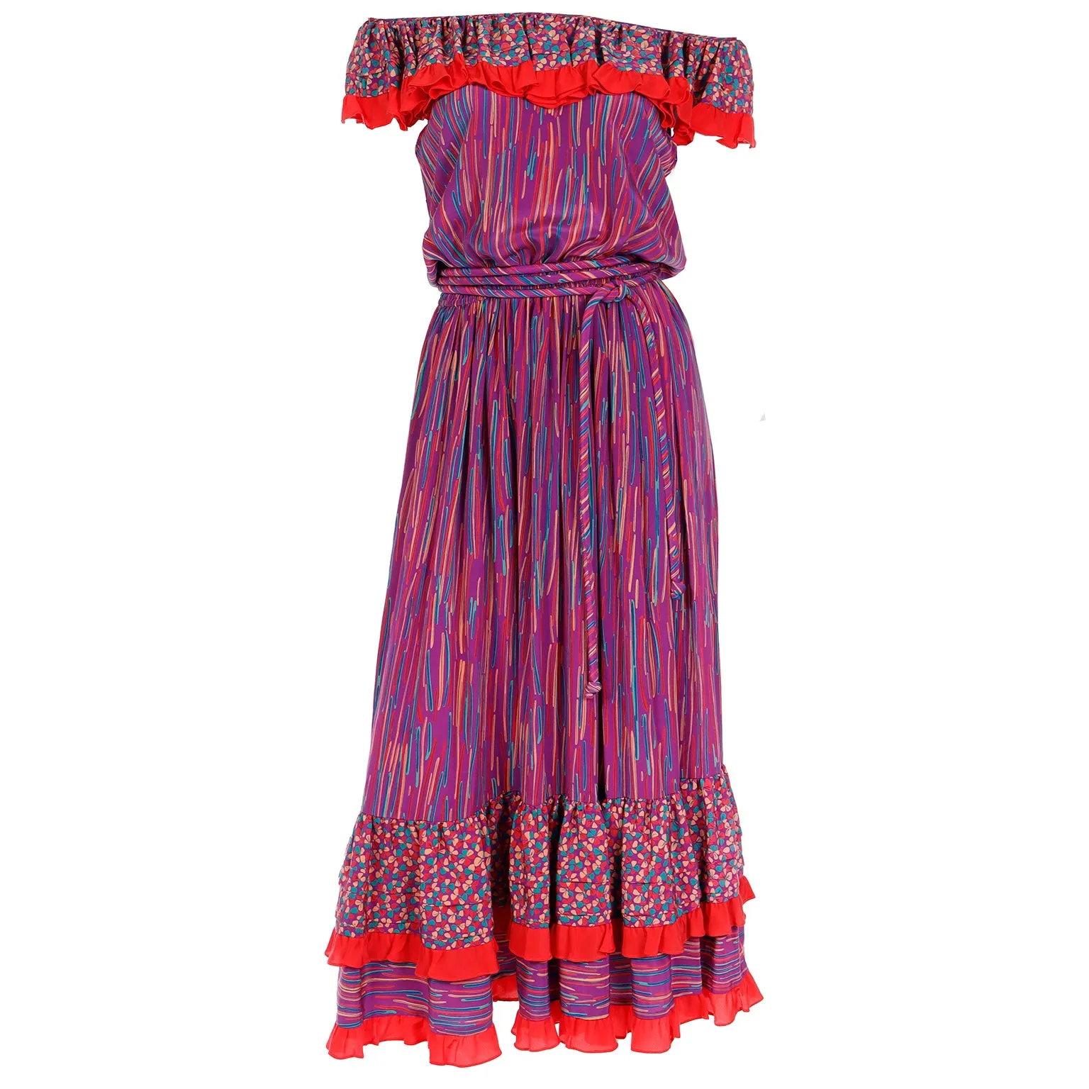 1980s Mary McFadden Colorful Mixed Pattern Silk Ruffle Dress