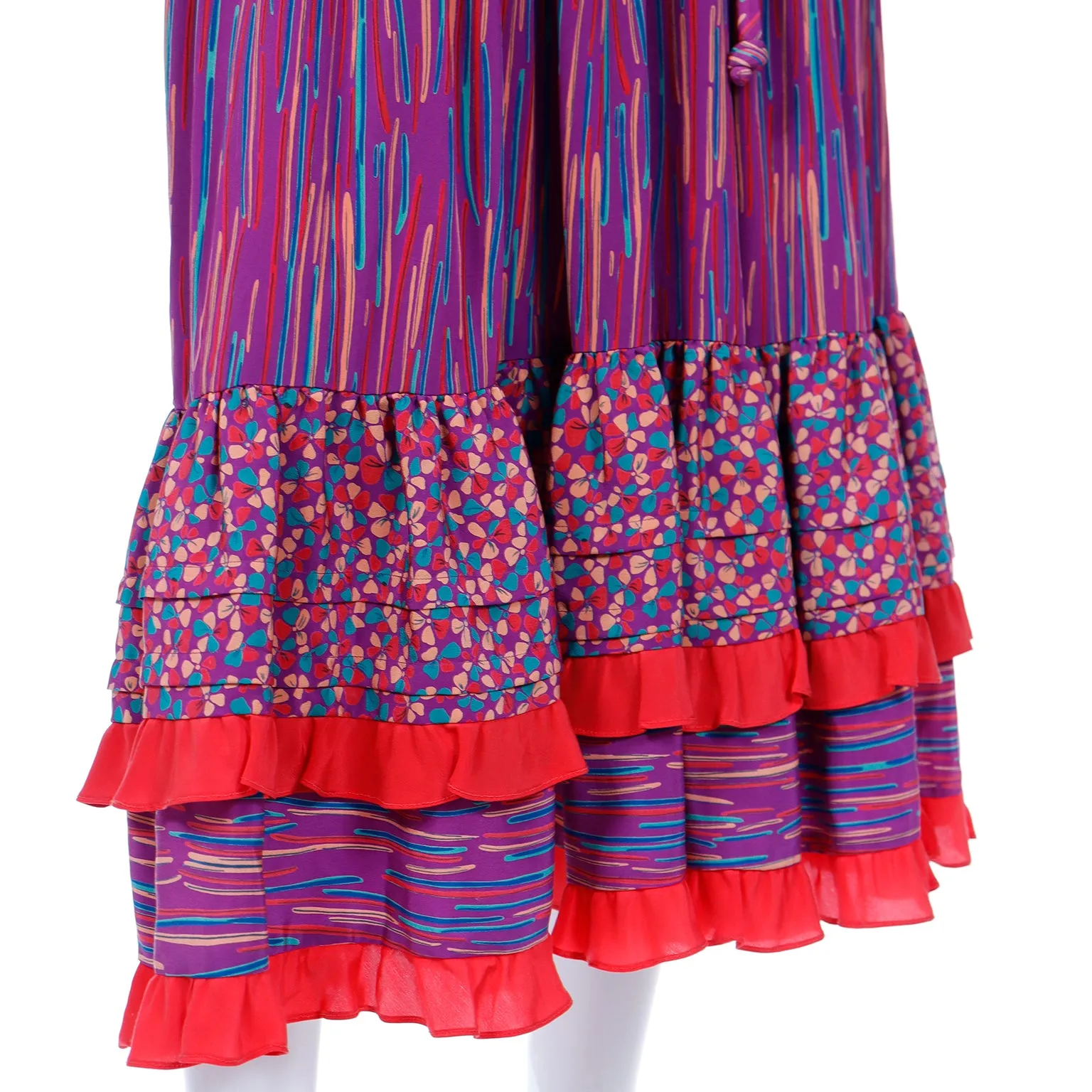 1980s Mary McFadden Colorful Mixed Pattern Silk Ruffle Dress