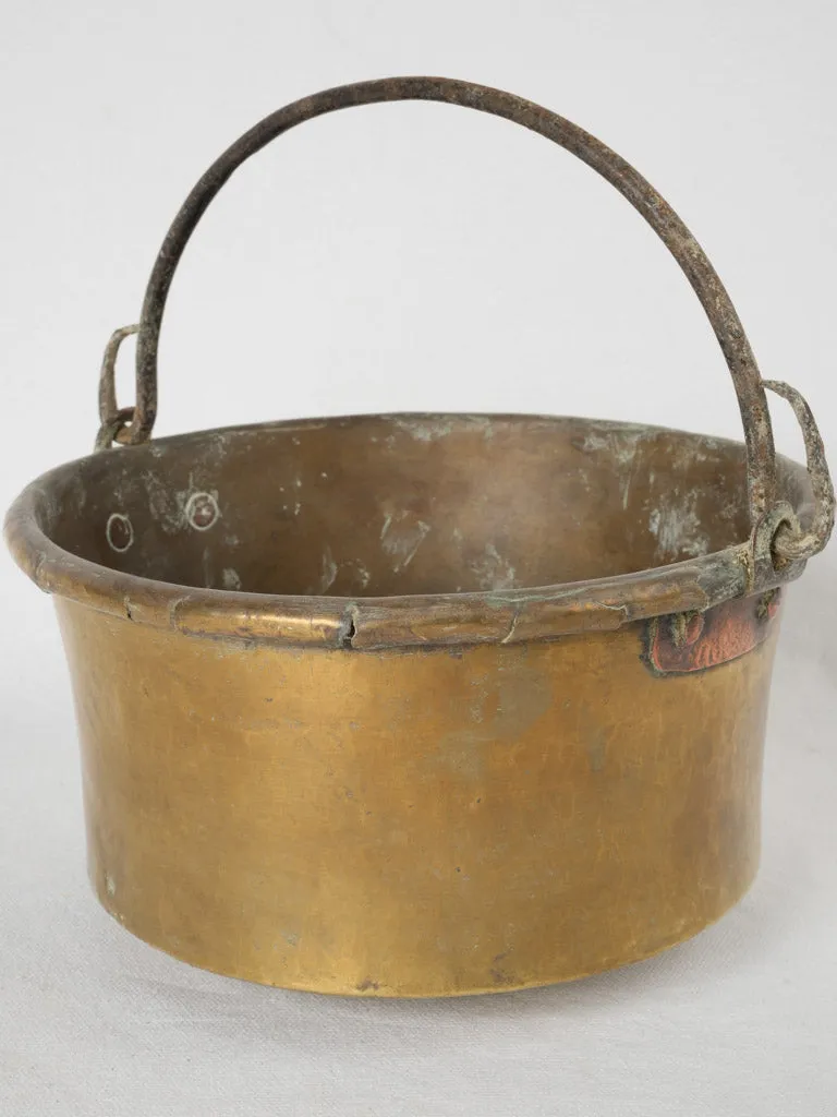 19th-century French brass cauldron w/ rolled edge & wrought iron handle