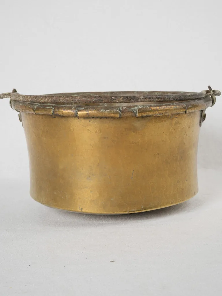 19th-century French brass cauldron w/ rolled edge & wrought iron handle