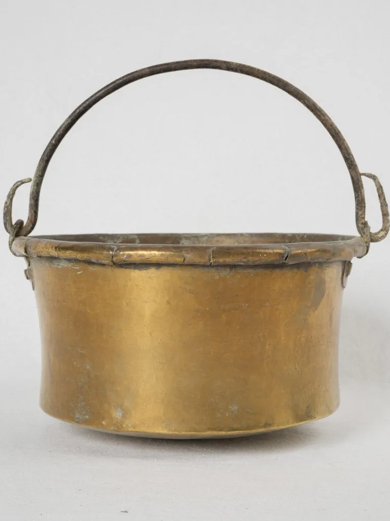 19th-century French brass cauldron w/ rolled edge & wrought iron handle