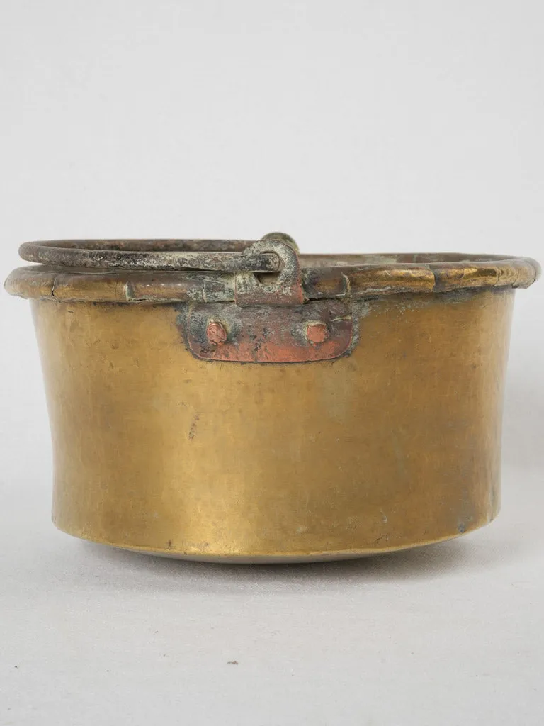 19th-century French brass cauldron w/ rolled edge & wrought iron handle