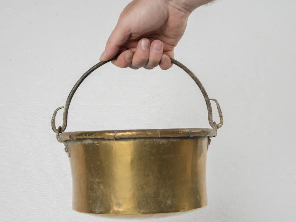 19th-century French brass cauldron w/ rolled edge & wrought iron handle