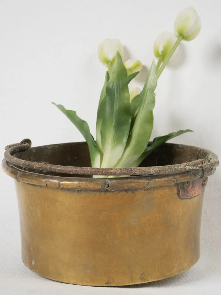 19th-century French brass cauldron w/ rolled edge & wrought iron handle