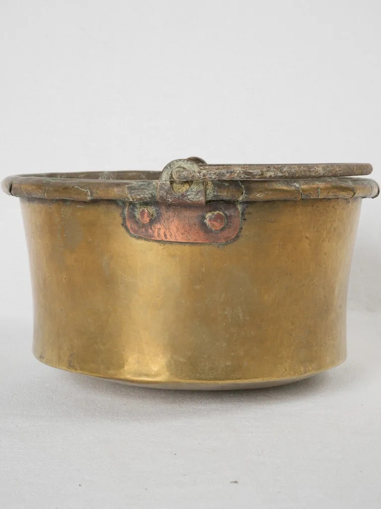 19th-century French brass cauldron w/ rolled edge & wrought iron handle