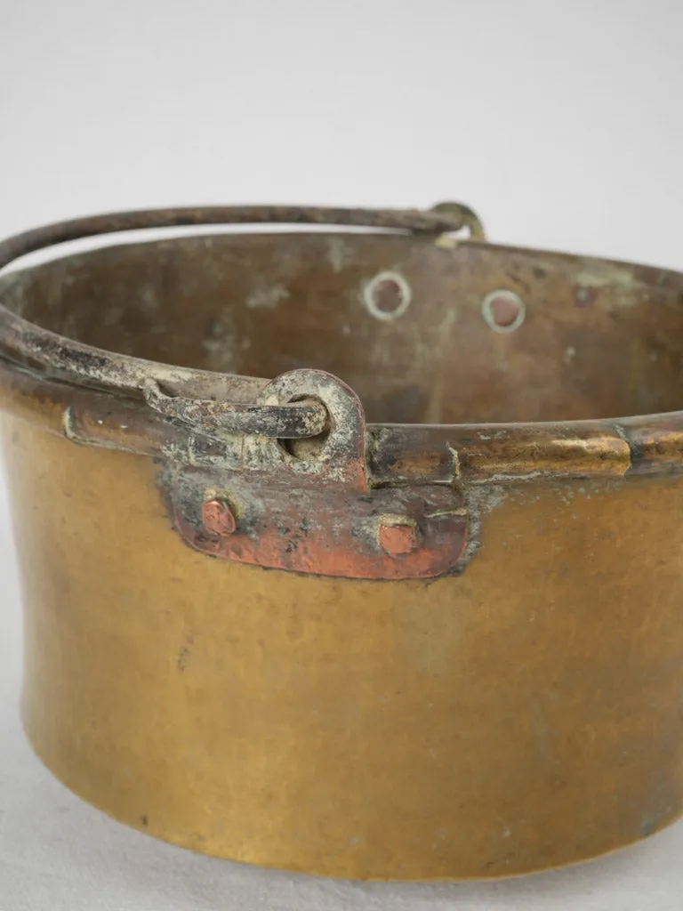 19th-century French brass cauldron w/ rolled edge & wrought iron handle