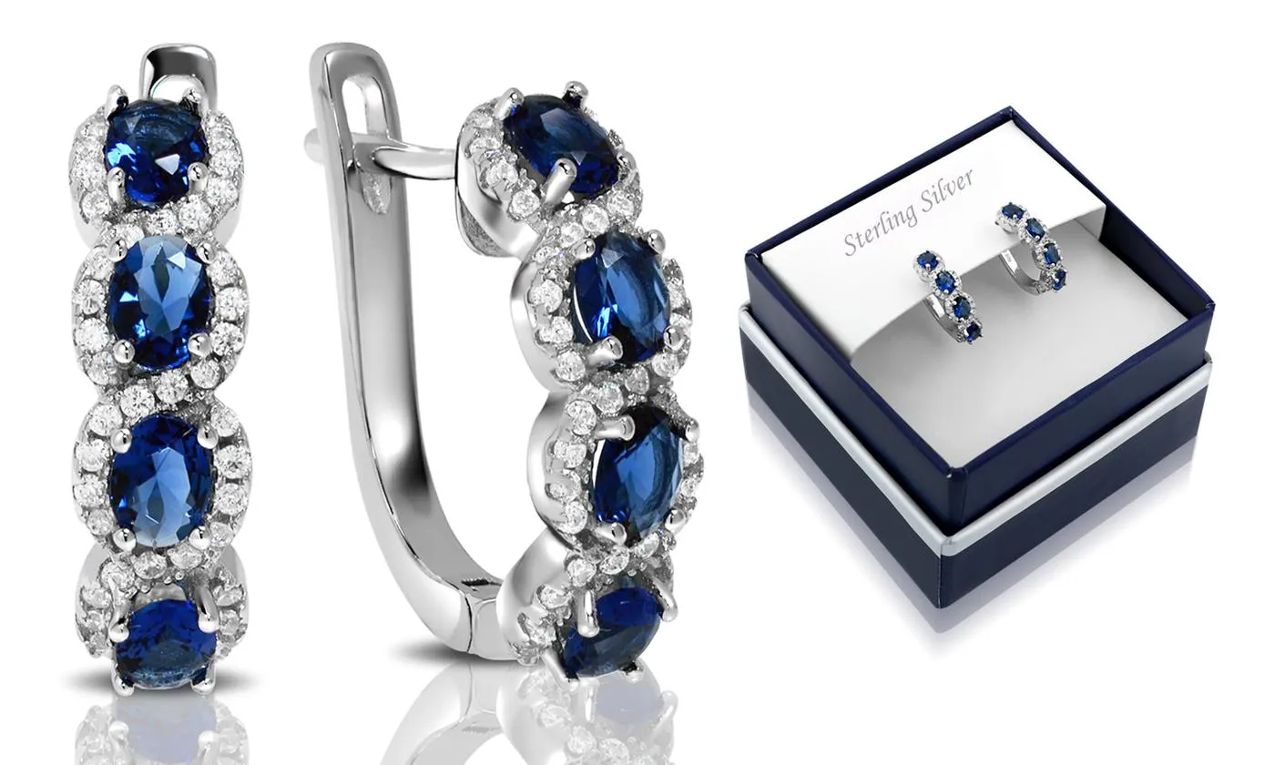 1CTW Halo Hoop Earrings, Created Blue Sapphire & Moissanite in .925 Sterling Silver