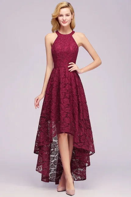 27prom Halter Sheath Asymmetrical Burgundy Hi-Lo Lace Dresses