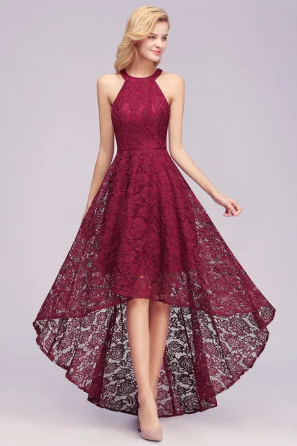 27prom Halter Sheath Asymmetrical Burgundy Hi-Lo Lace Dresses