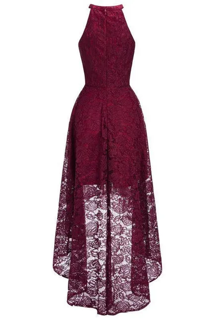 27prom Halter Sheath Asymmetrical Burgundy Hi-Lo Lace Dresses