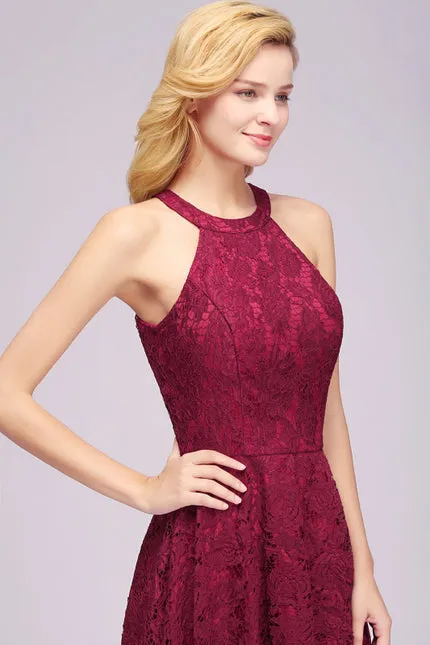 27prom Halter Sheath Asymmetrical Burgundy Hi-Lo Lace Dresses