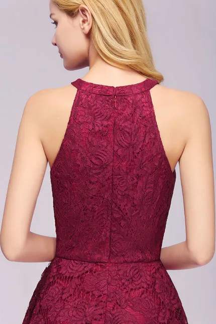 27prom Halter Sheath Asymmetrical Burgundy Hi-Lo Lace Dresses