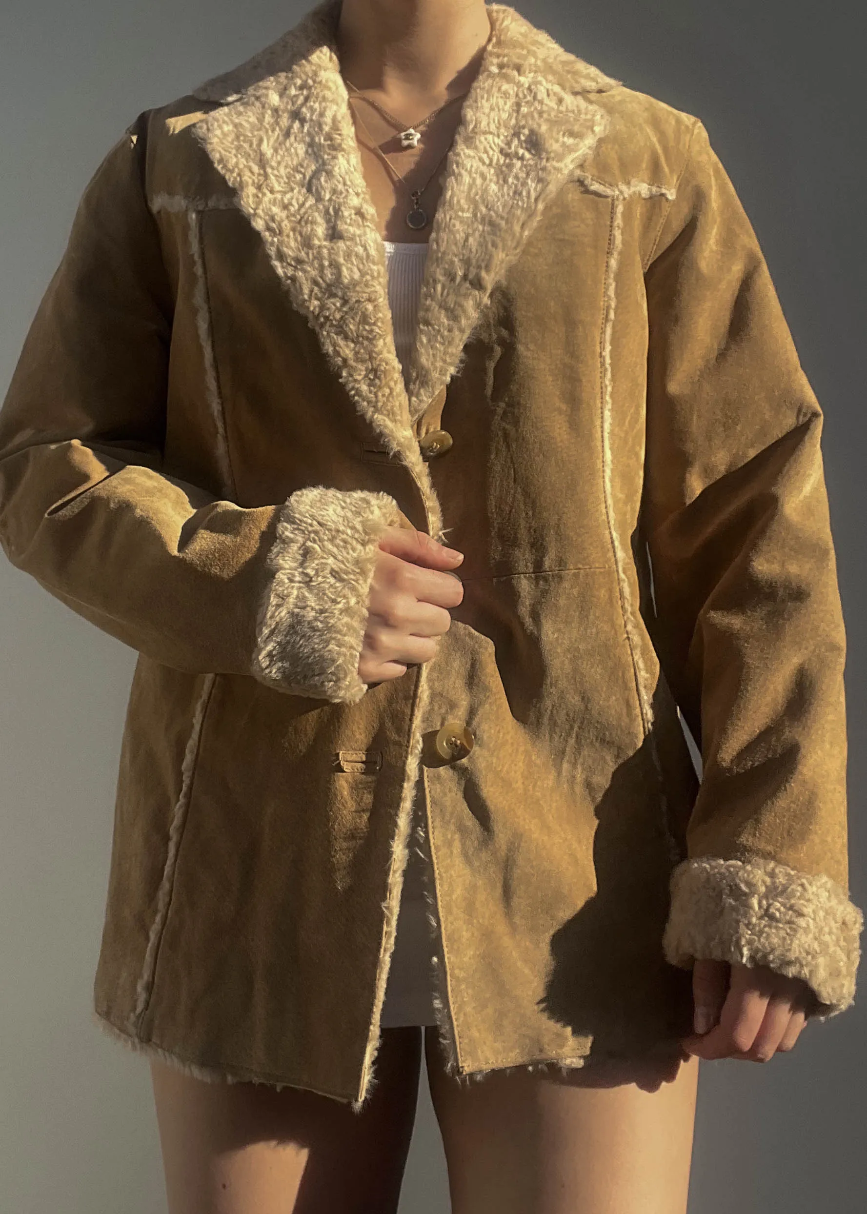 90's Tan Fuzzy Trim Coat (M)