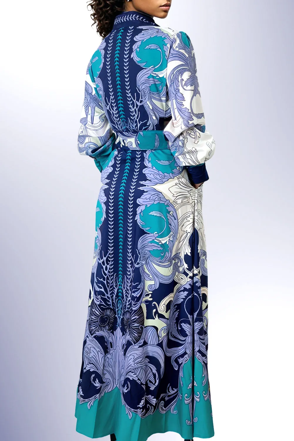 A94104 BLUE MULTI BUTTON DOWN LONG SLEEVE MAXI DRESS