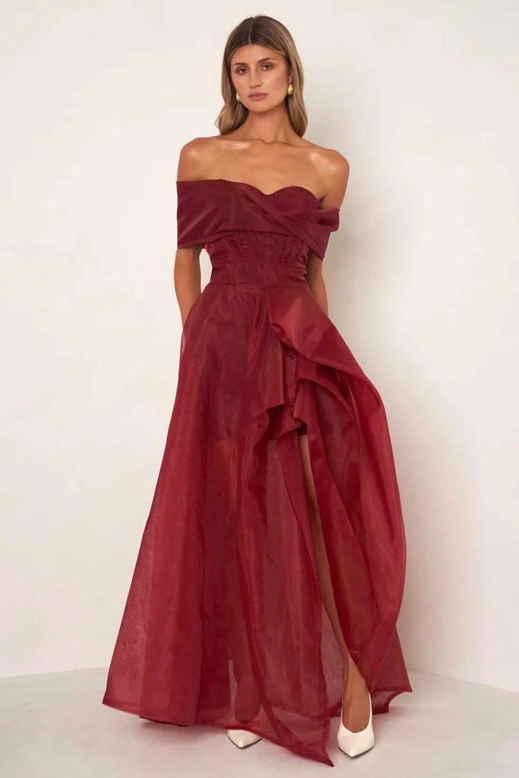 Alice Off Shoulder Dress in Cranberry Red