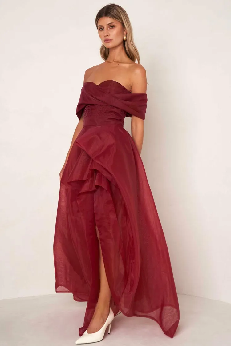 Alice Off Shoulder Dress in Cranberry Red