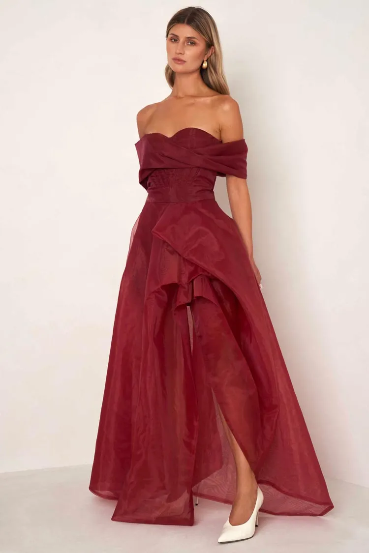 Alice Off Shoulder Dress in Cranberry Red