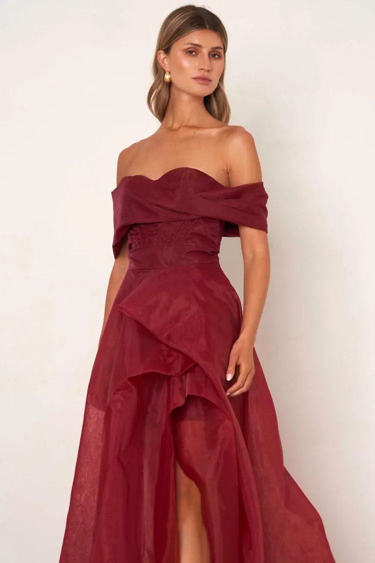 Alice Off Shoulder Dress in Cranberry Red