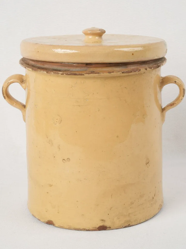 Antique French confit pot w/ lid & yellow glaze 9½"