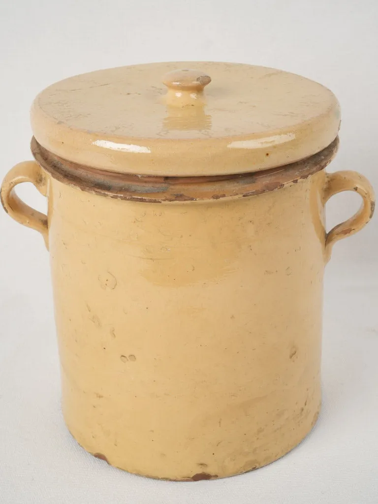 Antique French confit pot w/ lid & yellow glaze 9½"