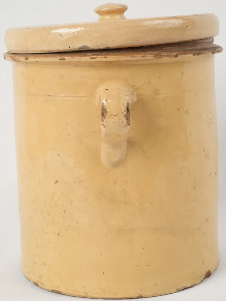 Antique French confit pot w/ lid & yellow glaze 9½"