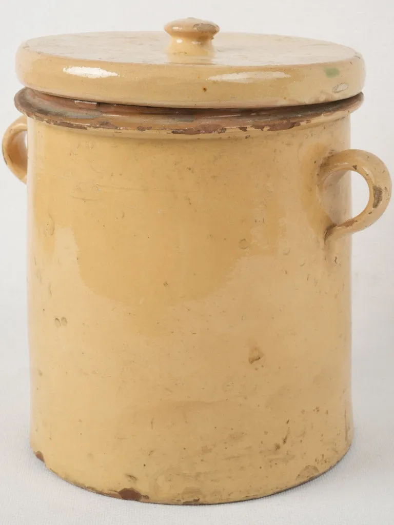 Antique French confit pot w/ lid & yellow glaze 9½"