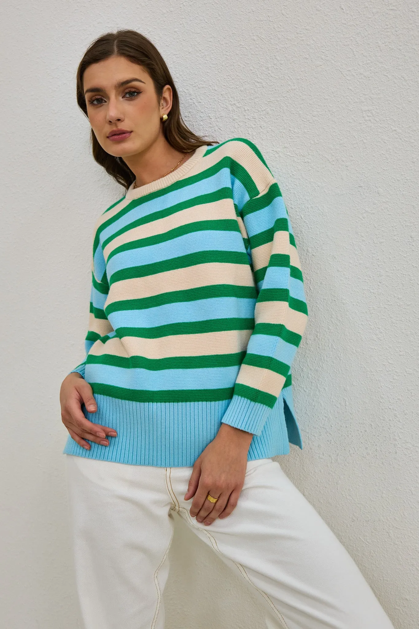 Anya Green Blue Stripe Knit Sweater