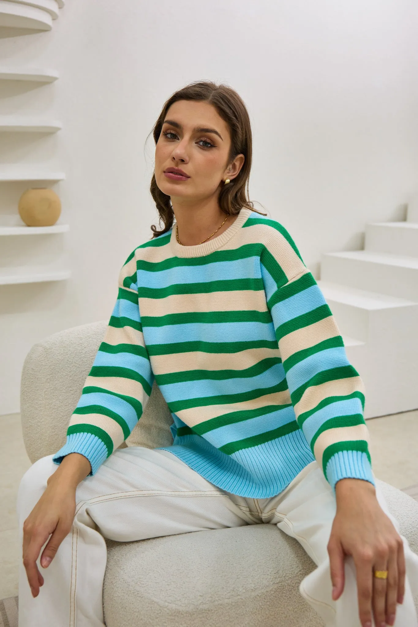 Anya Green Blue Stripe Knit Sweater