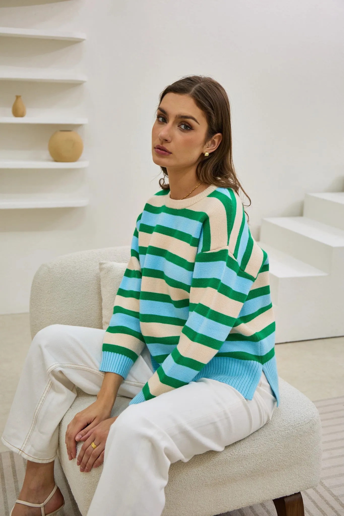 Anya Green Blue Stripe Knit Sweater