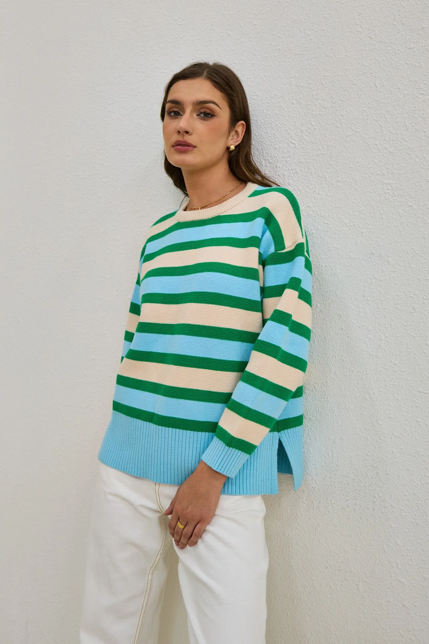 Anya Green Blue Stripe Knit Sweater