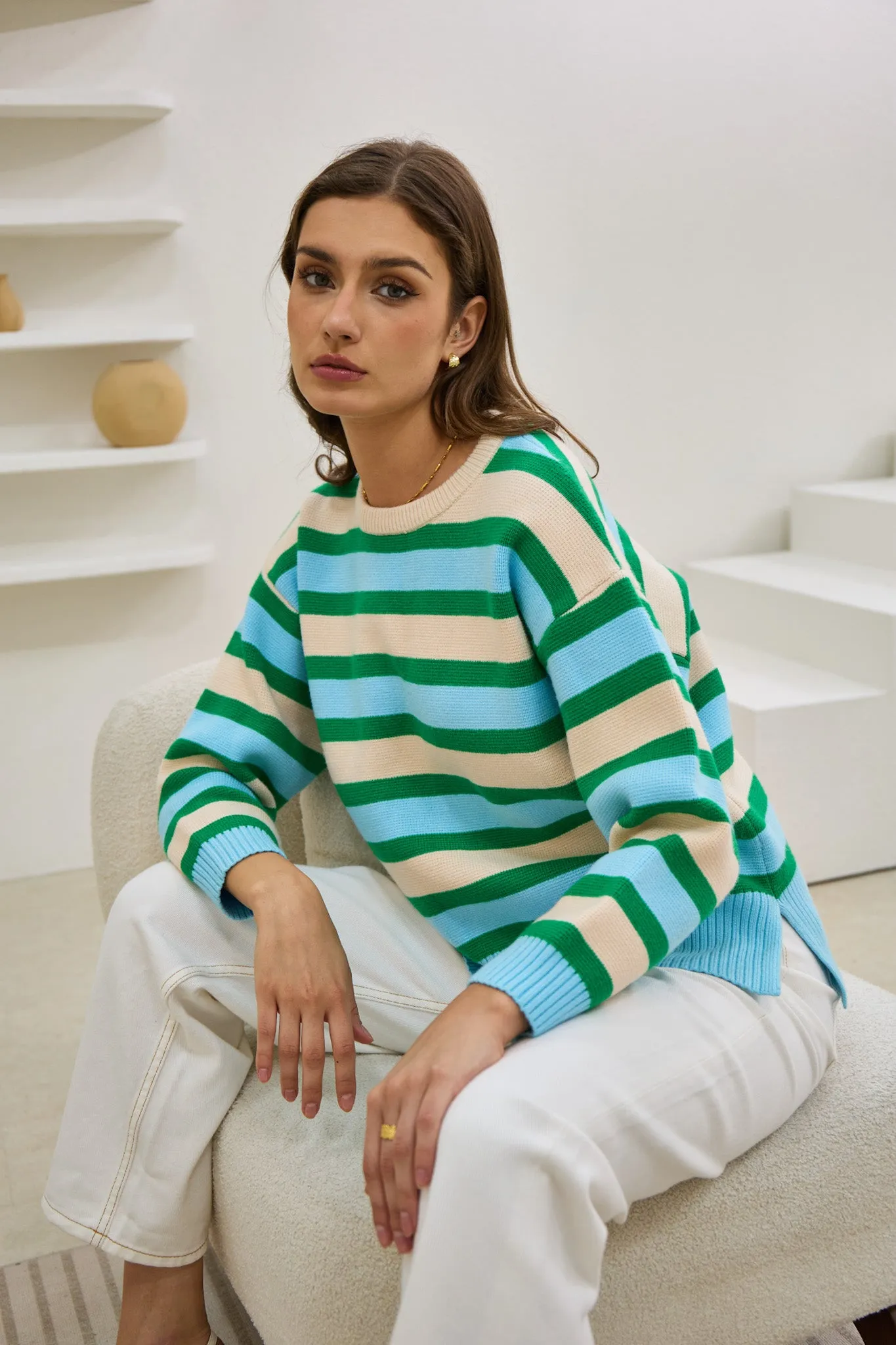 Anya Green Blue Stripe Knit Sweater