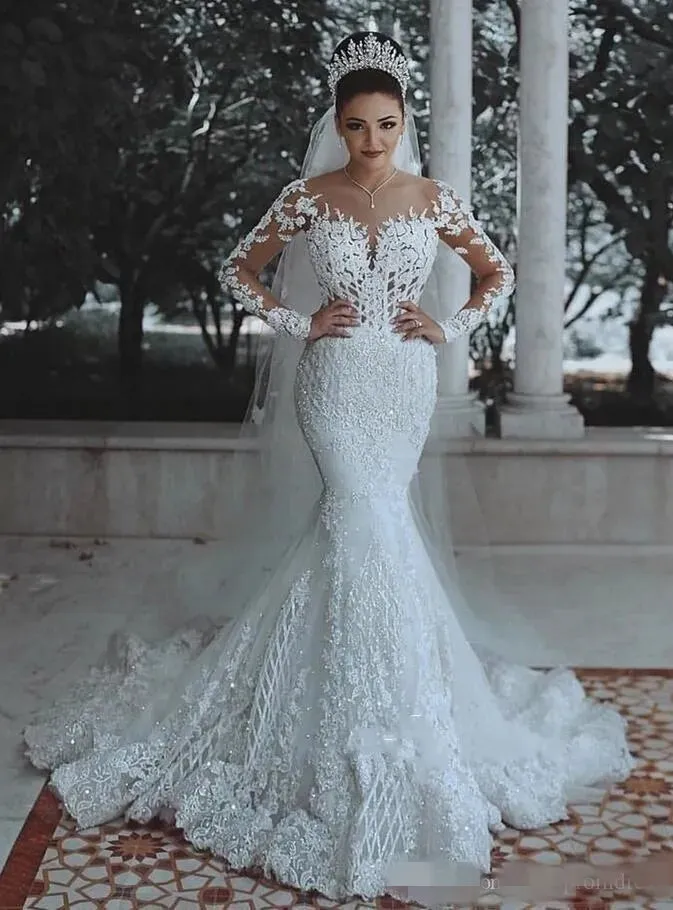 Appliqued Beaded Crystal Mermaid Dresses Long Sleeves Sheer Neck Sweep Train Chapel Wedding Gown Vestido De Novia BA9863