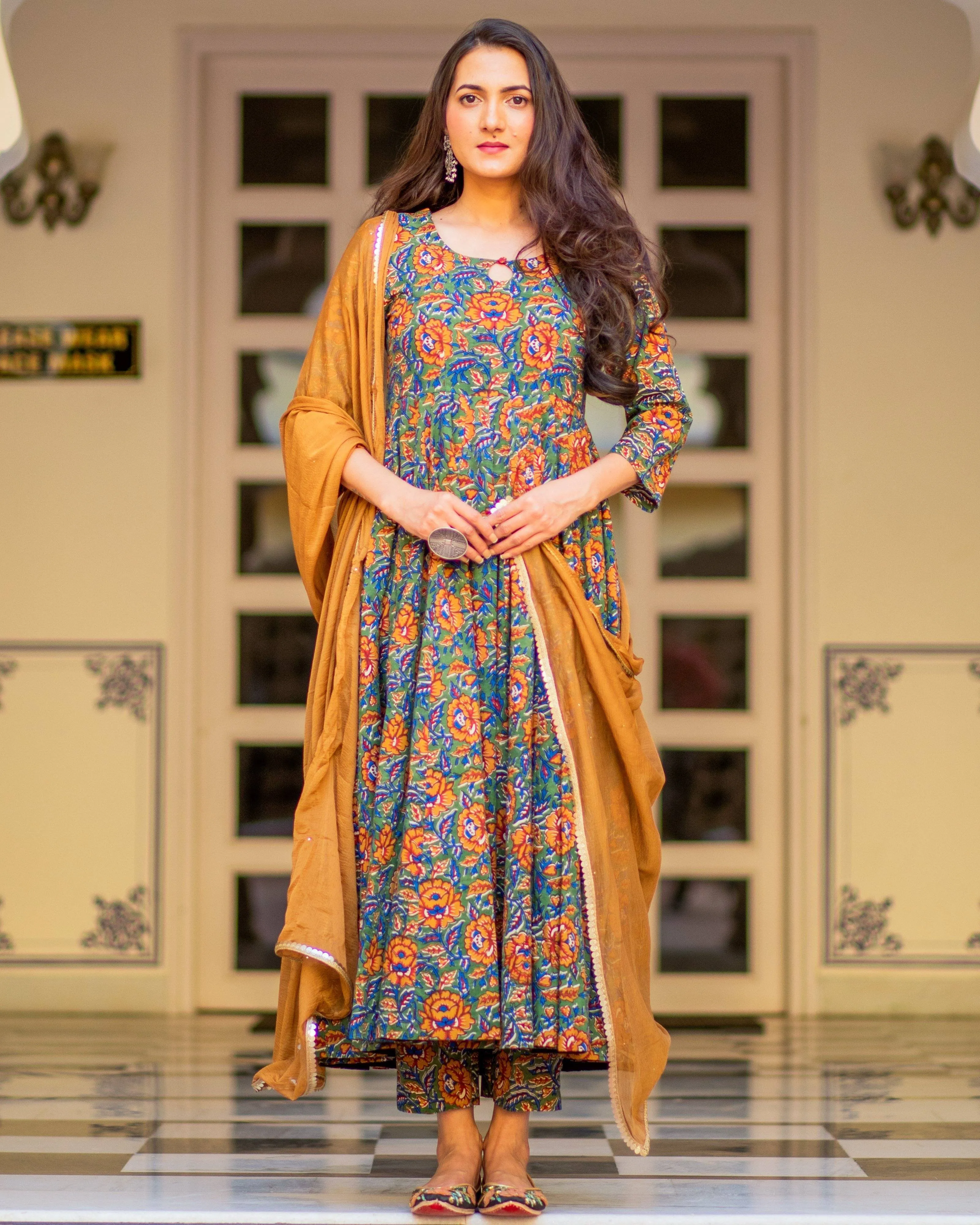 Bagru Print Mustard Colored Dress Set