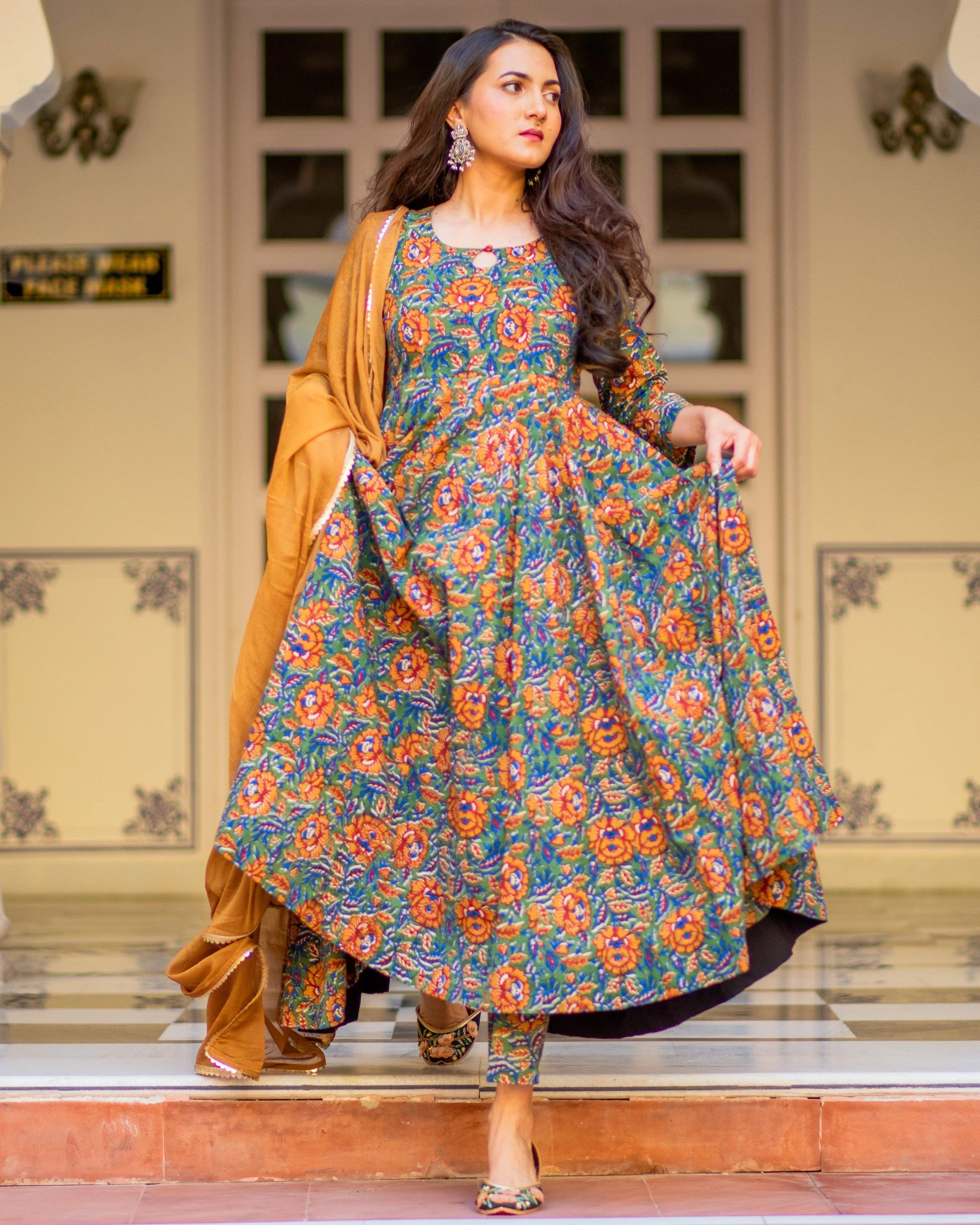 Bagru Print Mustard Colored Dress Set