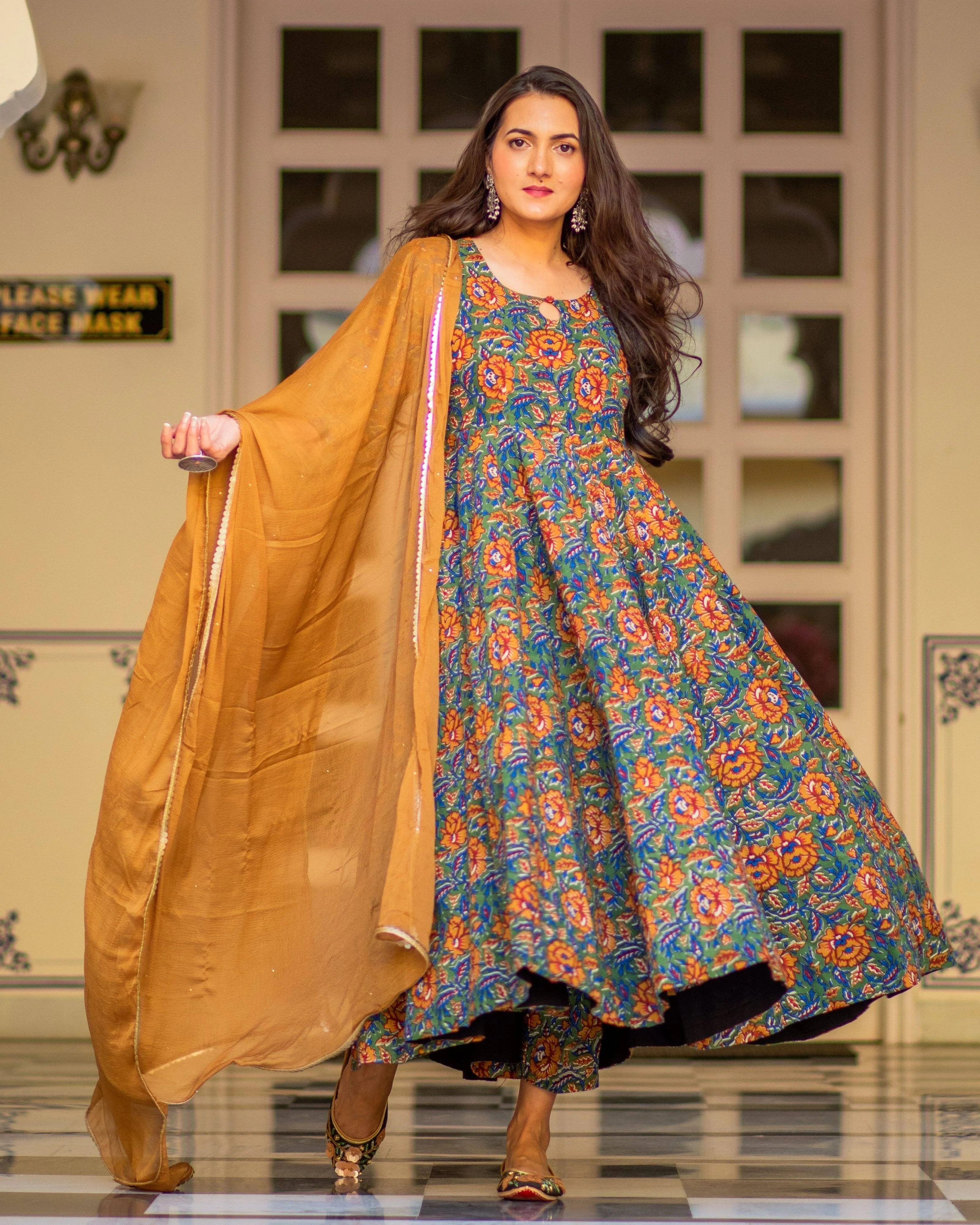 Bagru Print Mustard Colored Dress Set