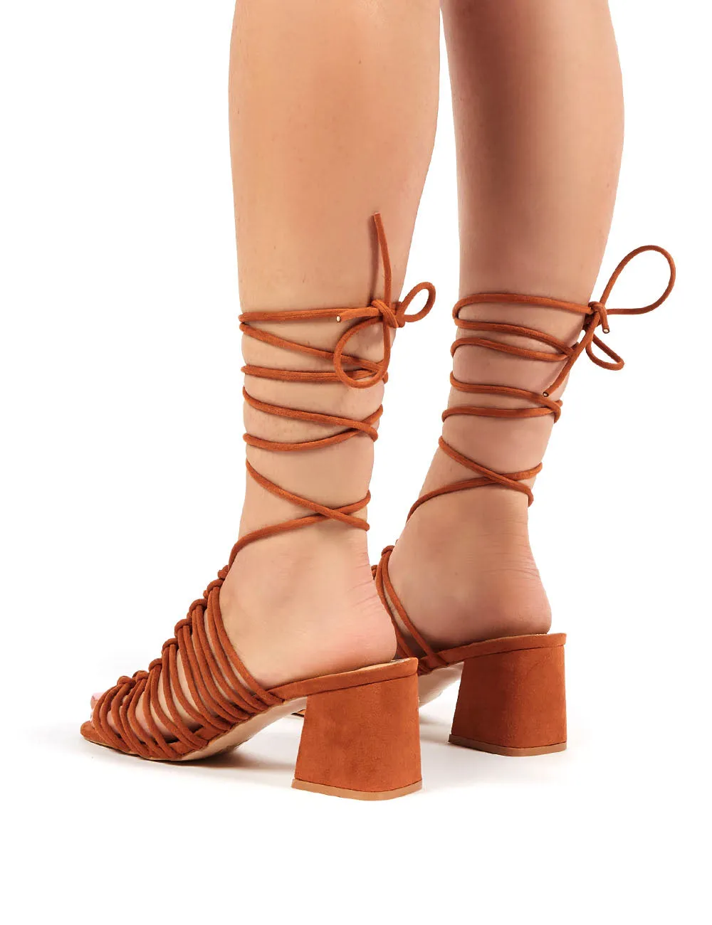 Bali Tan Faux Suede Lace up Mid Heel