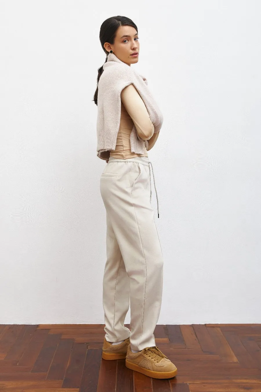 Beige High Waist Cropped Pants