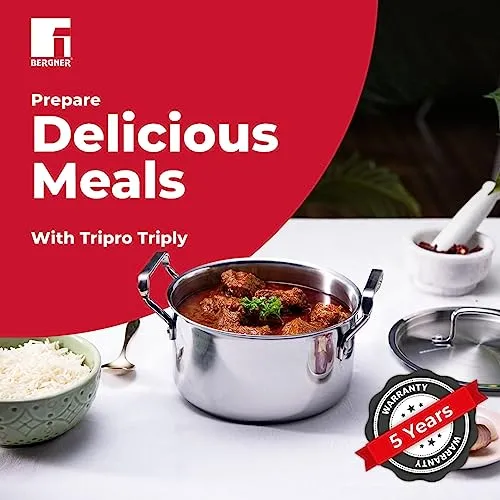 Bergner Tripro Triply 28 cm Casserole, 3.8 L Capacity, Stainless Steel Lid, For Biryani/Pulao/Halwa/Curries, Wide Handles, Induction & Gas Ready, Laser-Etched Scale, Multi-Layered & Polished, 5-Year Warranty