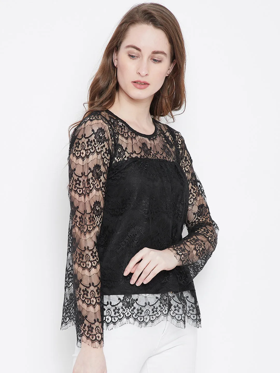 Berrylush Women Black Lace Pattern Round Neck Semi Sheer Asymmetric A-Line Regular Top