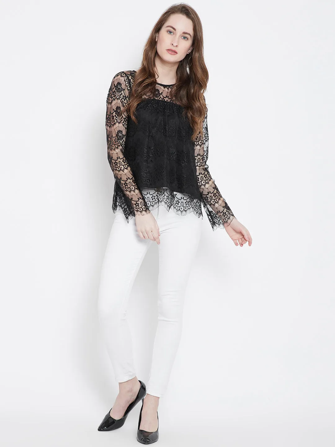 Berrylush Women Black Lace Pattern Round Neck Semi Sheer Asymmetric A-Line Regular Top