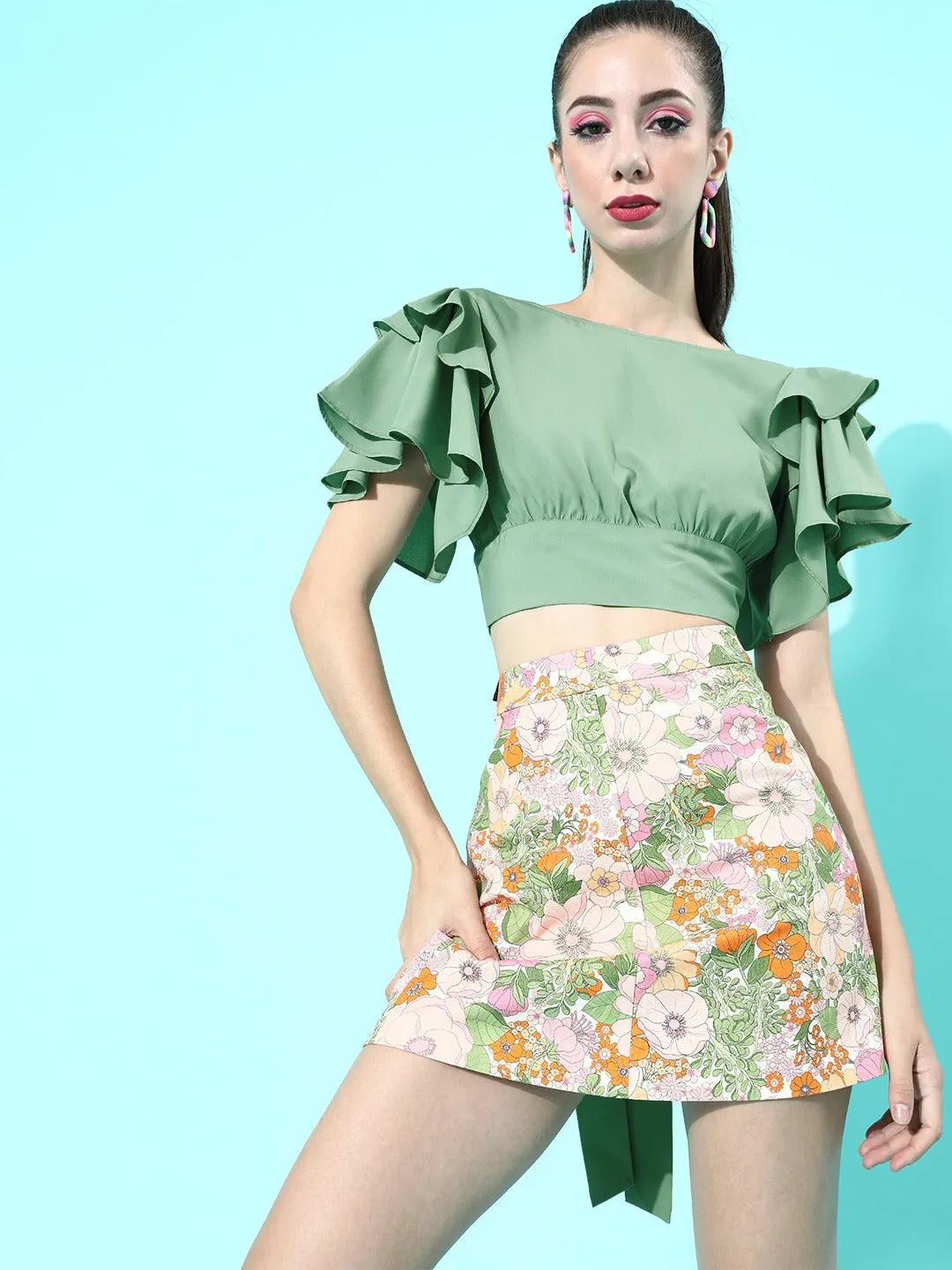 Berrylush Women Solid Green Boat-Neck Ruffled Cinched-Waist Crop Top