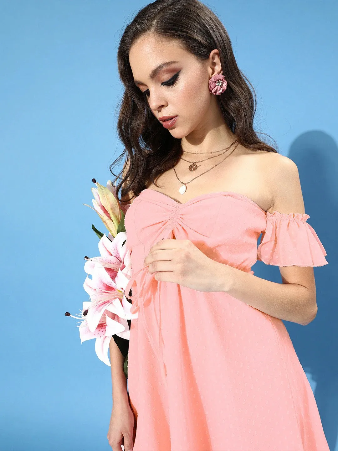 Berrylush Women Solid Pink Off-Shoulder Front Keyhole Fit & Flare Mini Dress